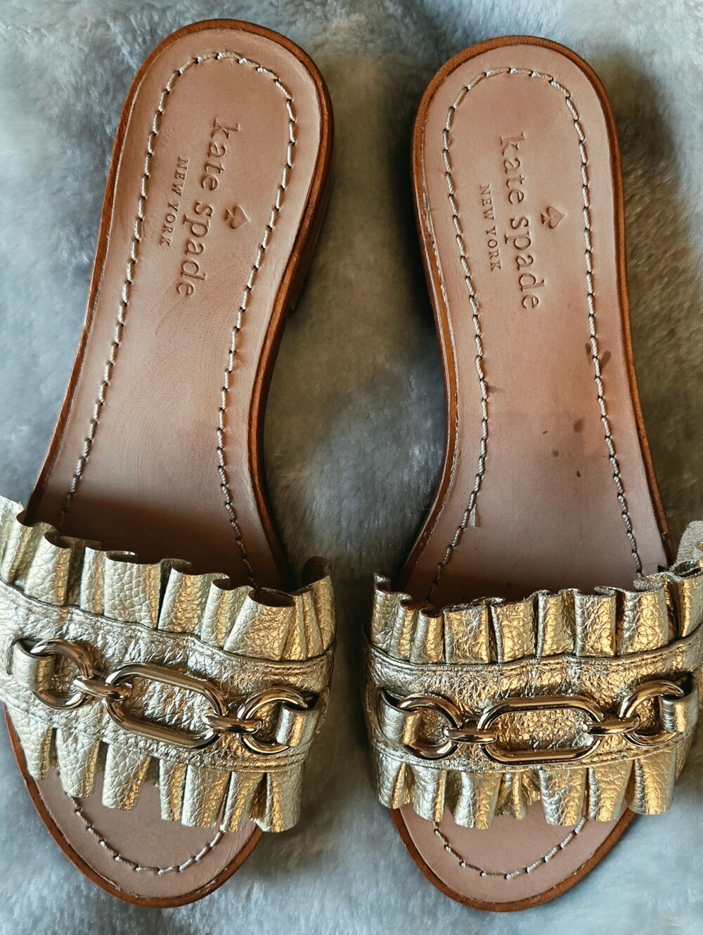 kate spade Gold Leather Fringed Chain Slide Mules